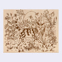 Print on wood with brown line art of an illustrated cat walking through a garden of many plants and flowers.