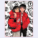 A couple poses. The guy(?) on the right has his arm over the girl (?) on the left. They are both in red jackets. On hers you can see a graphic of a pill. Various sticker designs are wallpapered behind them in black and white ink work.