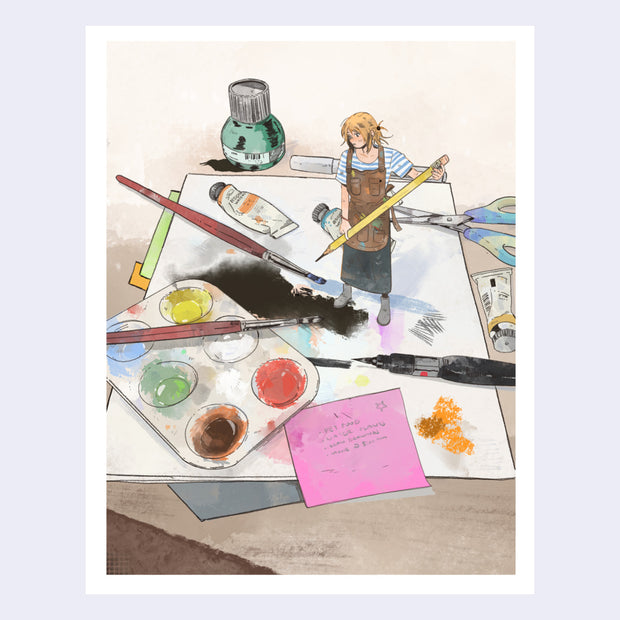 Illustration of an artist standing on a very large desk, holding a pencil like a tool. All the art materials are much larger, as though the artist has been shrunk.