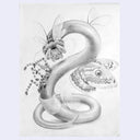 Pencil drawing of a creature made up of different parts of creepy crawly creatures: A mantis head with jumping spider pedipalps, a bee thorax and wings, tarantula legs, a long snake/earthworm body, moth wings and two other sets of fly/bee wings along its body.
