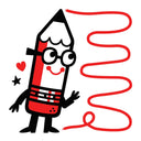 Drawing of a black outlined pencil character with limbs and a smiling face with glasses. A red scribble is next to them.