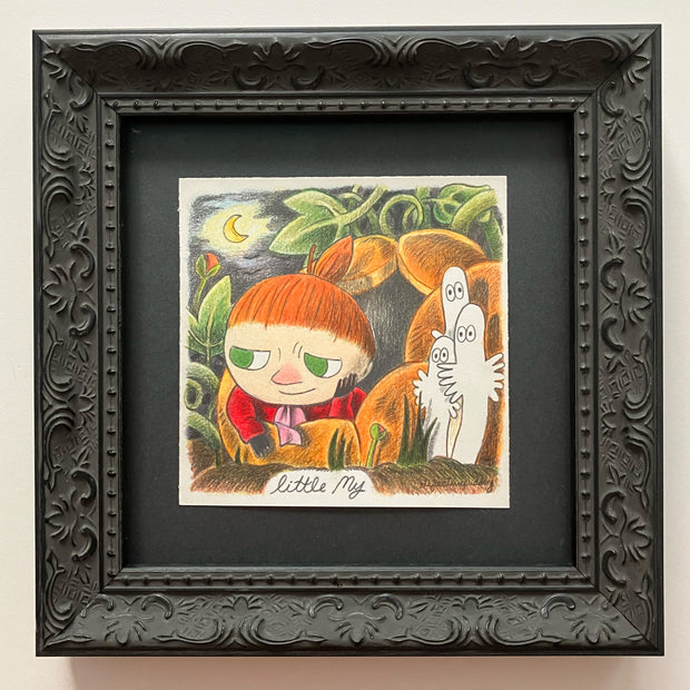 Colored pencil illustration of Little My from Moomin, sitting inside of a carved out pumpkin with a small grin. 