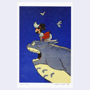 Risograph print of Totoro, excitedly flying through the sky with a little girl atop his back and a chibi Totoro on her head.