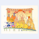 A whimsical hand-drawn illustration featuring a large beige creature wearing a red-orange hat, surrounded by yellow creatures and two small blue-and-pink characters in the foreground, set against a light cream background with a pale blue outer border.