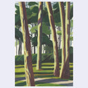 A stylized forest scene artwork showing tall tree trunks in brown and cream tones, green foliage, and sunlit grass, presented against a light gray surround.