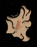 Illustration of a black shadow creature, almost fully enclosing on a small tan character, who sits sadly and holds a small flower.