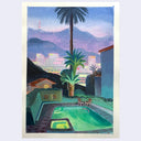 A watercolor painting of an urban poolside scene at dusk, featuring a glowing green pool, palm trees, a city skyline, and mountains under a purple sky, presented on a white paper background.