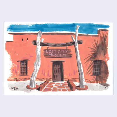 Plein air painting of a reddish orange building with a wooden sign in the front that reads "Lost City Museum" hung from 2 large branches.
