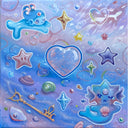 Painting with dreamy blue and purple background. The space is decorated with objects such as cartoon stars, sparkles, a key, bubbles, shells and 2 fish like cute cartoon characters. 