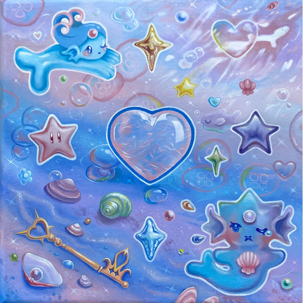 Painting with dreamy blue and purple background. The space is decorated with objects such as cartoon stars, sparkles, a key, bubbles, shells and 2 fish like cute cartoon characters. 