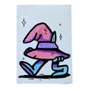 A whimsical cartoon-style illustration of a walking character wearing a large pink and purple wizard hat, with blue legs and small sparkles on a light blue background, shown on a white canvas.