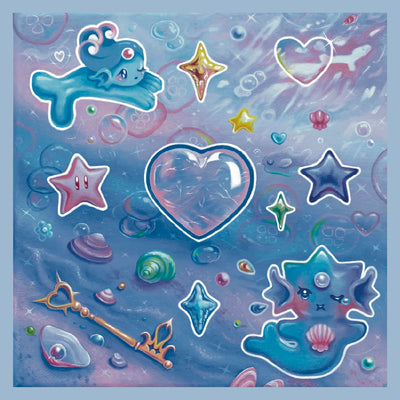 Print with many purples and blues of a glass heart, amongst and underwater scene with small creatures and shells.