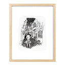 Framed illustration of a cartoon character dressed in traditional Japanese clothing with modern sneakers, walking down a Japanese alleyway with many shops and signs.