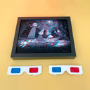 3D print of characters from Over the Garden Wall, in a dark grey night scene walking through a forest. The print sits near 2 pairs of 3D glasses.