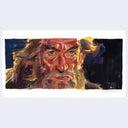 Painting of a film still from Lord of the Rings of Gandalf illuminated by warm light, his hair blows behind him and he has a serious expression.