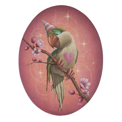 Painting on oval shaped panel of a green bird with a pink striped cone shaped party hat. It has a pink heart on its chest and is perched on a branch with blooming spring blossoms.