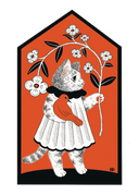 Sticker of a cat in a dress holding an orange bird and a large branch of flowers. Background is solid orange.