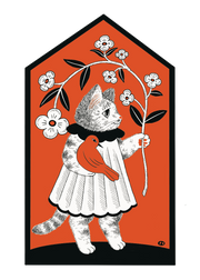 Sticker of a cat in a dress holding an orange bird and a large branch of flowers. Background is solid orange.