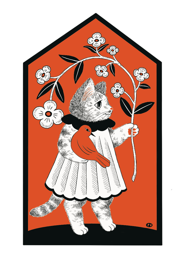 Sticker of a cat in a dress holding an orange bird and a large branch of flowers. Background is solid orange.