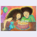 Illustration of two children blowing out candles on a birthday cake with balloons and a teddy bear in the background.