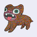 Illustration made with many lines, giving it the feel of a folk art woodcut on a die cut wood panel of an animal beast covered in pink, orange and red polka dots.