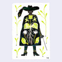 Colored pencil sketch of a swordsman, wearing a leaf and flower patterned cloak.