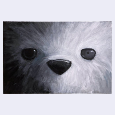 Painting of a large bear face, very close up so only the eyes and nose are visible. One pupil is very large and the other is very very small.