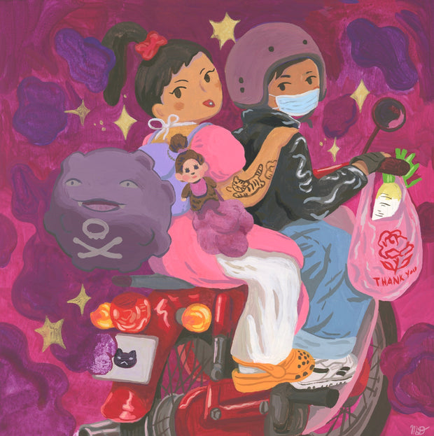 Painting done in primarily pinks, purples and tan colors. 2 people ride a red motorbike, both looking back over their shoulder at the viewer. On the handlebars is a bag of groceries and the Pokemon, Koffing, floats behind the bike. The background is a pink sky with purple smoke.