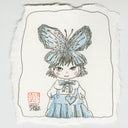 A hand-drawn illustration on textured white paper showing a cute girl with large butterfly-like hair wings, wearing a blue dress and bow, with a red artist-style seal and signature near the lower left.