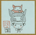 A hand-drawn illustration on a square light blue card, showing a stylized face with a large gray horn-like hat and a small red fox-like figure above it. A red stamp and black handwritten marks appear at lower left, with a brown textured border around the card.