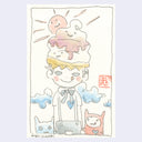 Line art illustration with subtle watercoloring of a girl wearing suspenders and smiling, with a large swirl of ice cream on her head.