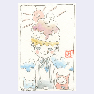 Line art illustration with subtle watercoloring of a girl wearing suspenders and smiling, with a large swirl of ice cream on her head.