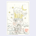 Line art illustration with subtle watercoloring of a girl with short hair, standing amongst cute creatures with a giant beer atop her head.