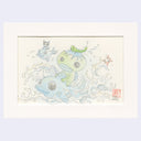 Watercolor illustration of a kappa turtle creature riding atop of a fish splashing out of the water.
