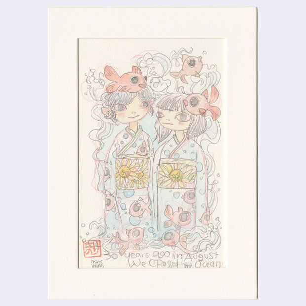 Watercolor illustration of 2 women standing side by side wearing fish themed kimonos with fish circling around them.