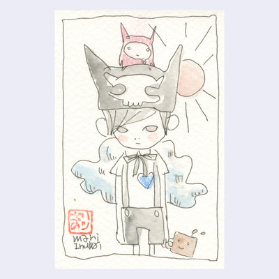 Line art drawing with subtle watercoloring of a girl with short hair and suspenders, standing with a cup of coffee and a small character atop her head.