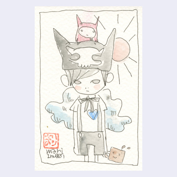 Line art drawing with subtle watercoloring of a girl with short hair and suspenders, standing with a cup of coffee and a small character atop her head.