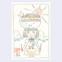 Line art illustration with subtle watercoloring of a girl wearing a dress and holding chopsticks, one in each hand. Atop her head is a large bowl of ramen.