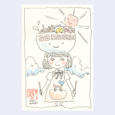 Line art illustration with subtle watercoloring of a girl wearing a dress and holding chopsticks, one in each hand. Atop her head is a large bowl of ramen.