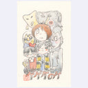 Cartoon illustration of a group of characters with various expressions and accessories on a light background.