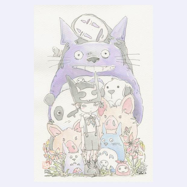 Watercolor illustration of a girl standing amongst pigs, a panda, a dog and characters from Totoro, with No Face creeping up onto Totoro's head.