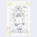 Blue illustration of a girl with a robot shaped hat with various robot characters stacked atop of it. 