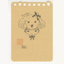 Pen illustration on tan paper of a girl with a  puppy atop her head.