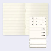 Interior of a notebook with lined ivory colored paper and a small sticker set of numbers and "idea" spaces.