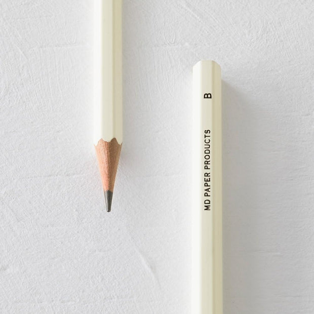 Close up of pencils with an off white body and sharpened point.
