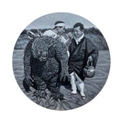 Greyscale painting of a photorealistic pair of men, dressed in traditional Japanese robes. One steps slightly out of a large Godzilla costume, and drinks a cup of tea served by the other man. 