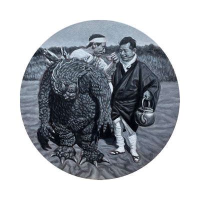 Greyscale painting of a photorealistic pair of men, dressed in traditional Japanese robes. One steps slightly out of a large Godzilla costume, and drinks a cup of tea served by the other man. 