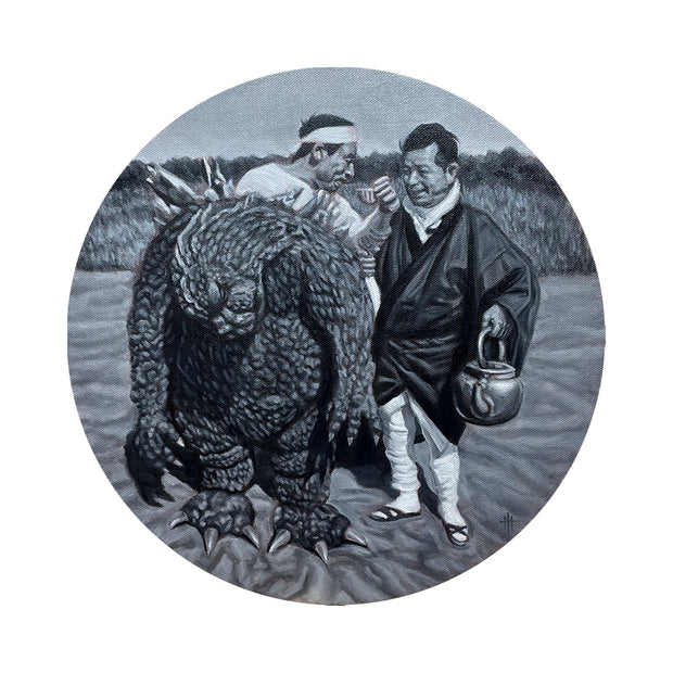 Greyscale painting of a photorealistic pair of men, dressed in traditional Japanese robes. One steps slightly out of a large Godzilla costume, and drinks a cup of tea served by the other man. 