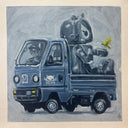 Painting of Eric Nakamura driving a Kei truck, laughing and hauling a large Big Boss Robot in the trunk.