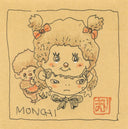 Illustration of a character with pigtails and a small monchhichi creature on a beige background